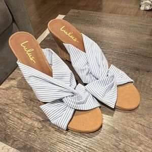 Lulus Santana Blue White Striped Wedge Corked Sandals Slip-On Women 7.5